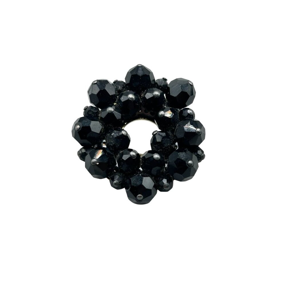 Black Beaded Brooch Cluster of Faceted Glass Beads Round Circle Wreath Design